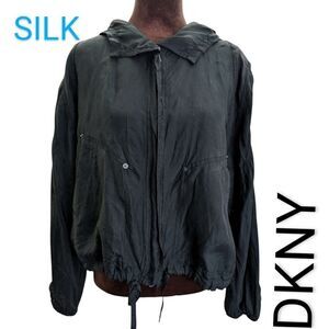 Unique DKNY black silk hooded bomber jacket size 4 small